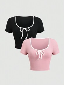 Sweetra Women's Round Neck Color Block Bowknot T-Shirt Set, Black And Pink
