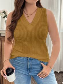 SHEIN LUNE Plus Size Mustard Yellow V-Neck Knit Ribbed Tank Top For Women, Summer Essential, Summer Tops - Ginger - View 6