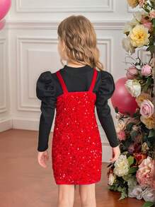 SHEIN 2pcs Set: Knitted Solid Stand Collar Gigot Sleeve Top + Velvet Sequin Embroidery Red Dress For Young Girls,Girls Winter Clothes,Girls Fall Clothes,Girls Sets,Christmas Kids Clothes,Girls Christmas Dress - Multicolor - View 2