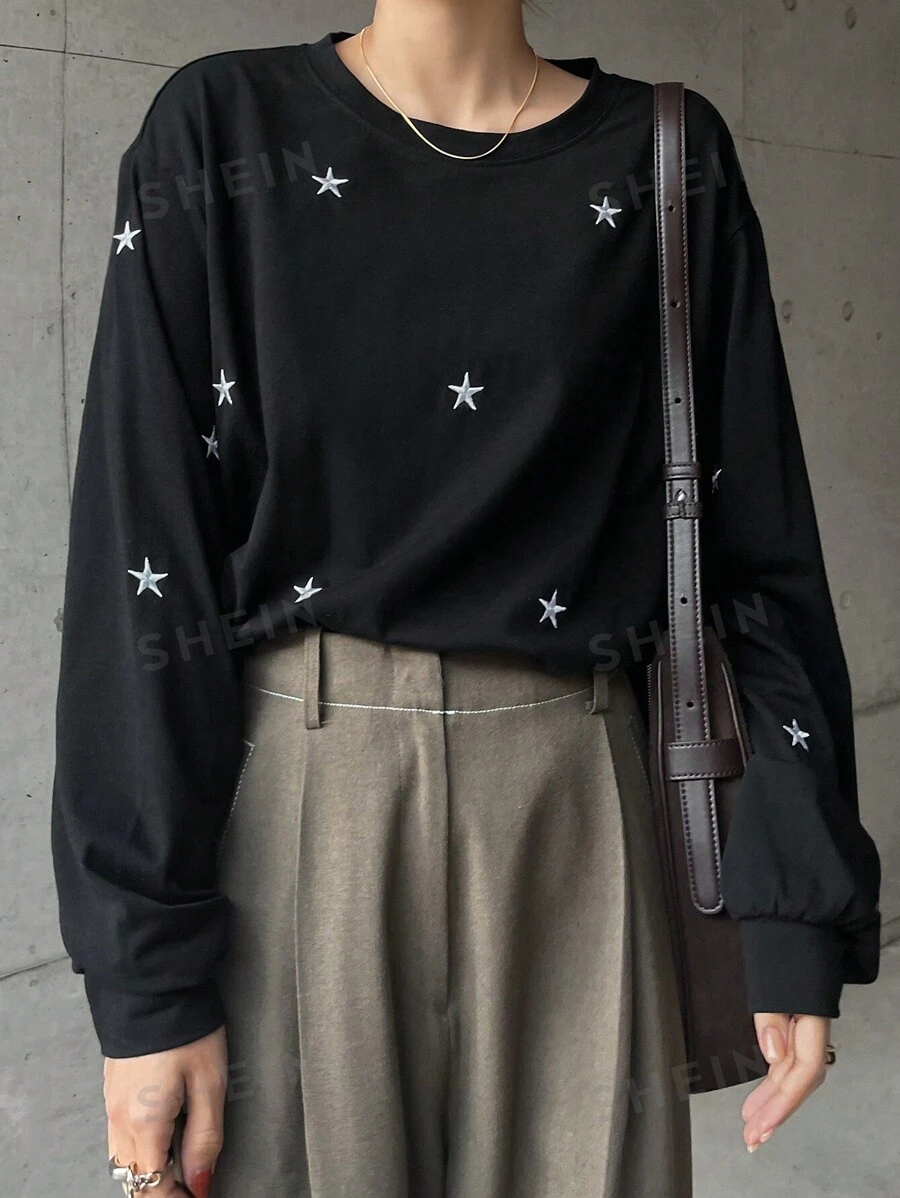FRIFUL Camiseta de manga larga con cuello redondo y hombros caídos con estampado de estrella para mujer, otoño