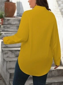 SHEIN Plus Size Solid Color Asymmetrical Hem Casual Long Sleeve Shirt Fall Cloth For Women - Yellow - View 2