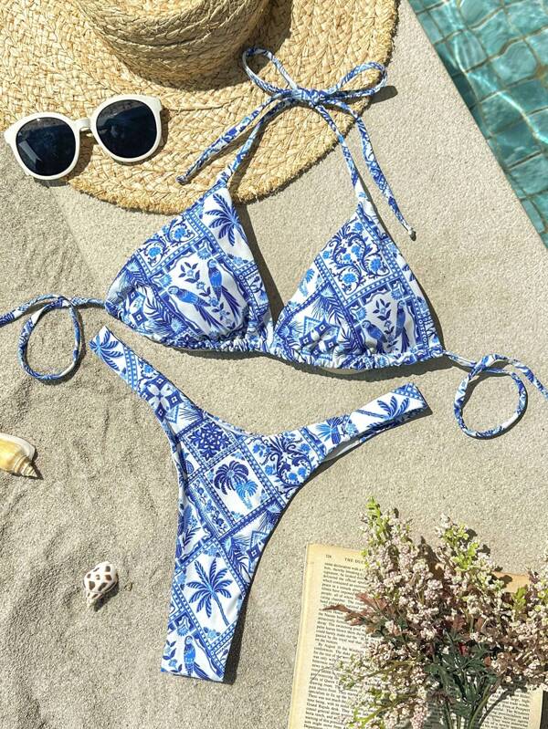 SHEIN VCAY Top și pantaloni de bikini imprimați pentru femei, cu gât și cravată, set de costume de baie 2 piese