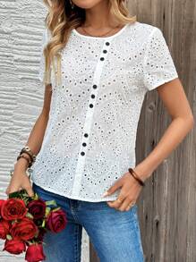 EMERY ROSE Women's Leisure Solid Color Hollow Out Embroidered Shirt - White - View 6