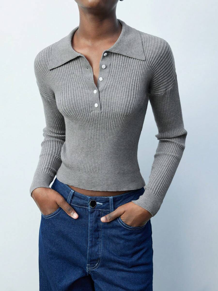 Maija Modern Versatile Women's Crew Neck Drop Shoulder Knitted Sweater With Shirt Collar, Grey, Suitable For Business Casual Wear Old Money In Fall/Winter