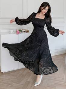 Feyla Đầm nữ cổ vuông dài tay đơn giản thanh lịch có họa tiết đồ họa - màu đen - Xem 6