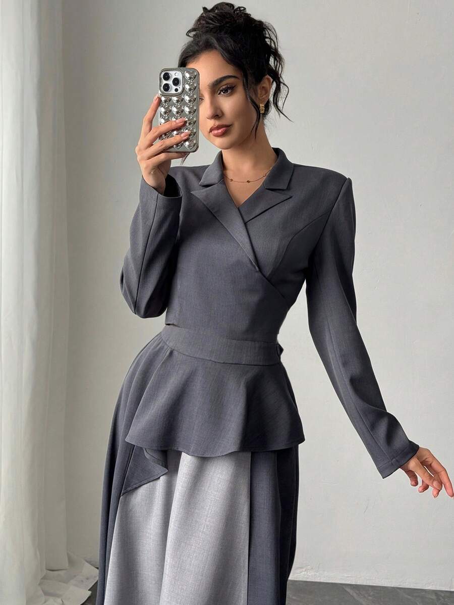 Modelyn 女士 2 件套：纯色立领长袖夹克和撞色迷你裙，优雅秋季服装 2 件套 - 灰色 - 查看 1