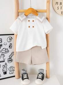 2pcs Baby Boy/Girl Cute Summer Casual Holiday Navy Collar Contrast Color Short Sleeve Shirt And Elastic Waist Shorts Set, Suitable For Birthday Party, Evening Party, Performance, Wedding, Baby Shower, One-Year-Old Celebration