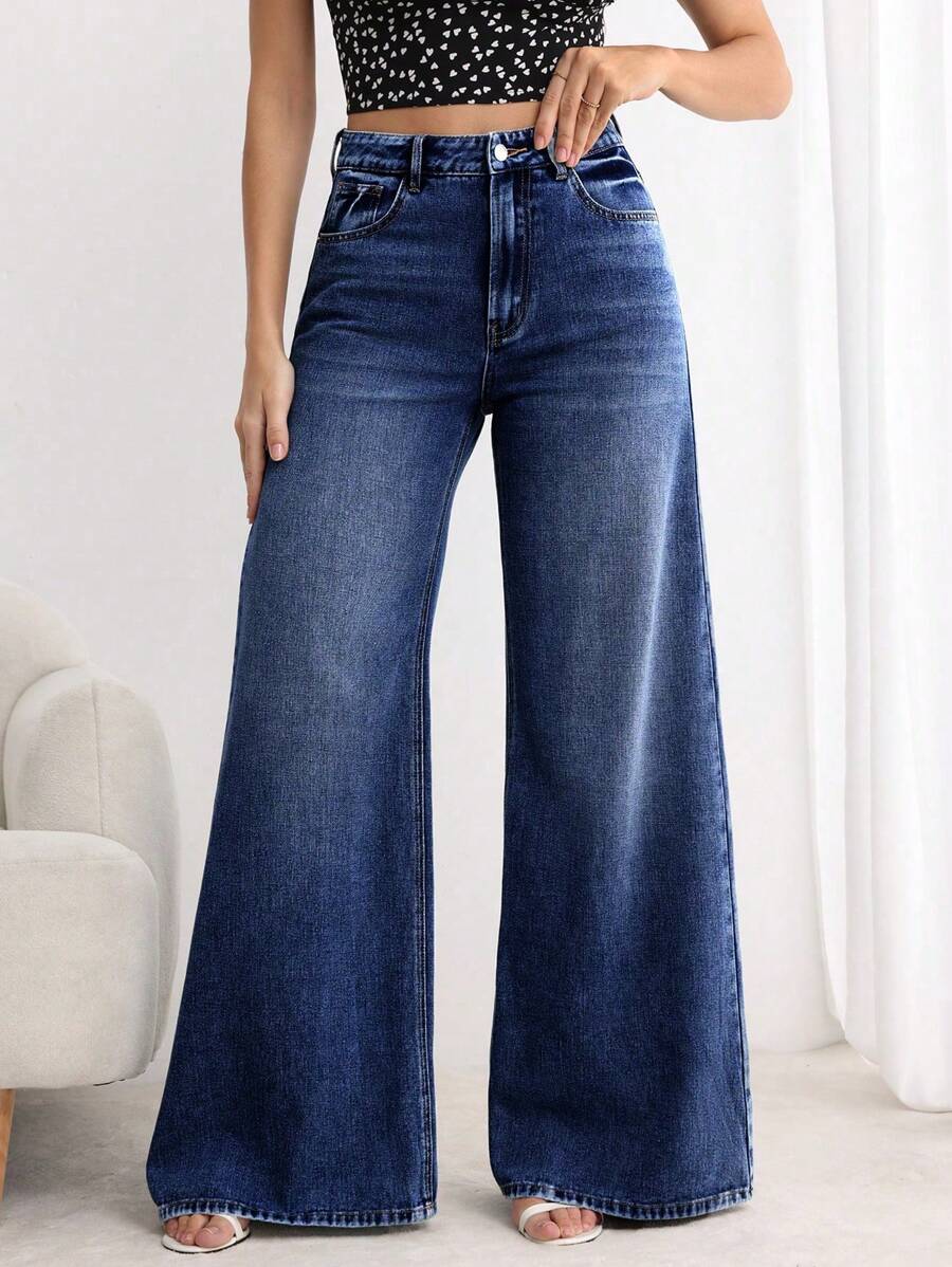 SHEIN Essnce Women's Loose Fit Pocketed Wide-Leg Jeans