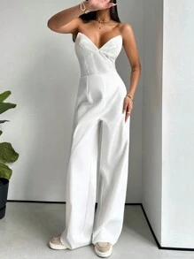 Aloruh Modern Sleeveless Metal Buckle Decor Maxi Jumpsuit For Women - White - View 7
