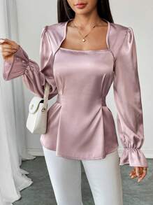 Chiquease Damen Bluse, elegant, glänzend, mit Bindeband, Schmetterling Rüschenärmeln, Langarm, Herbst/Winter - Pink - Übersicht 5