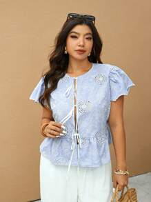 Elaquor Blouse brodée romantique française minimaliste pour femmes grandes tailles, avec un design de nœud papillon à l'avant, pièce idéale pour le printemps/été et les vacances