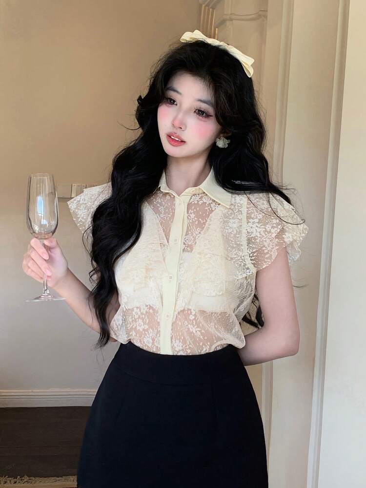 Women's Elegant Loose Lace Ruffle Sleeve Blouse