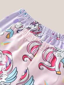 SHEIN Conjunto de pijama de 4 piezas para niñas, con camiseta de manga corta estampada con unicornio divertido y pantalones largos, ropa básica casual adorable/vintage/juguetona, adecuado para cualquier ocasión, primavera/verano, camiseta de manga corta y pantalones de ajuste ceñido, conjunto de pijama, Top y pantalones, se siente como la piel/suave como la mantequilla/ultra suave/ropa cómoda/suave sedoso, ropa de estar en casa holgada de manga corta
