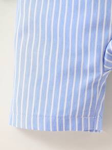 SHEIN Playful Pals 男婴休闲条纹刺绣连体衣带帽衣服，适合春夏季外出、日常穿着、学院风 - 藍色 - 查看 4