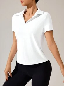 SHEIN Sport Studio 1 pieza Camisa polo deportiva de cuello en V blanco sólido para mujer para tenis y golf