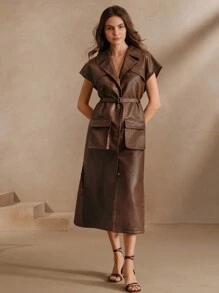Anewsta Vestido de largo medio con solapa, abotonadura sencilla y unicolor para mujer - Café integral - Ver 3