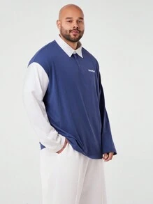 Manfinity VCAY Plus Size Men's Loose Knit Blue & White Long Sleeve Polo Shirt, Casual - Multicolor - View 2