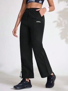 女士休闲字母印花直筒户外裤 - 黑色 - 查看 1