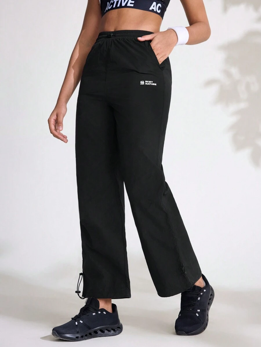 女士休闲字母印花直筒户外裤 - 黑色 - 查看 1