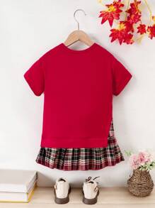 SHEIN Young Girl Casual Plaid Print Short Sleeve Dress & Round Neck Short Sleeve Knitted Plaid Skirt Hemline Dress, Suitable For Spring And Summer