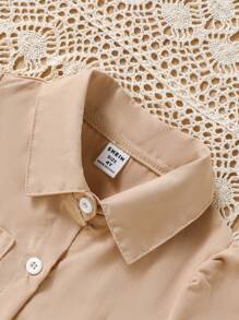 Young Girl Patchwork Pleated Colorblock Detail Long Sleeve Dress - Khaki - View 7