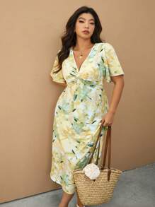 Elaquor Vestido de verano casual y elegante de talla grande con escote en V para vacaciones