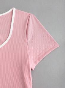 Sweetra Women's Round Neck Color Block Bowknot T-Shirt Set, Black And Pink