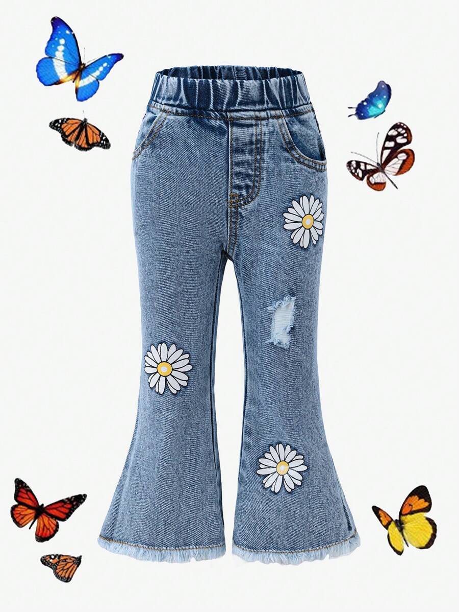 SHEIN Baby Girl Flower Print Distressed Flared Denim Pants - Light Wash - View 1