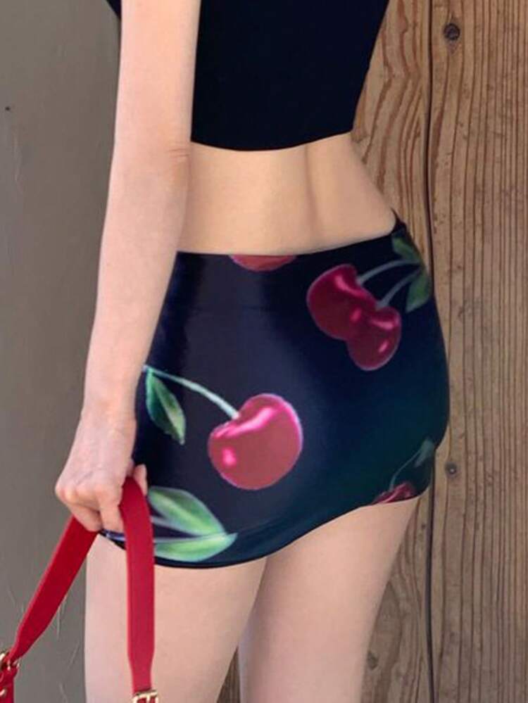 Women's Mini Cherry Fruit Print Wrapped Short Skirt, Black, All Season,Pencil Skirt Fall Skirts Low Rise