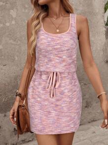 SHEIN LUNE Square Neck Sleeveless Drawstring Waist Ombre Textured Fabric Casual Resort Elegant Women Mini Dress Vacation Outfits Woman Valentine's Day Dress Elegant Valentine's Day Dress,Pastel Dresses For Women - Multicolor - View 5