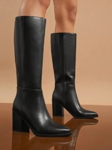 SHUZIA 秋冬季女士纯色尖头高跟及膝靴 - 黑色 - 查看 3