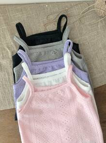 SHEIN LMoss Kids 5件套新生女宝宝可爱纯色针织无袖连体衣套装，夏季 - 彩色 - 查看 6