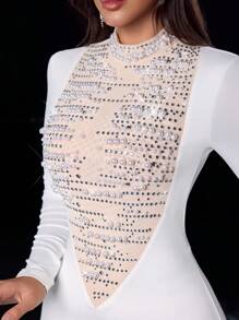Glamrae Vestido elegante de noche de corte sirena de ajuste ceñido, decorado con cristales de rhinestones y perlas, adecuado para eventos y fiestas formales - Blanco - Ver 2