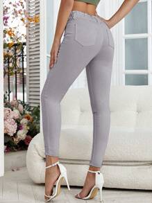 SHEIN Essnce Women's Front Button Pocket Casual Skinny Fit Jeans