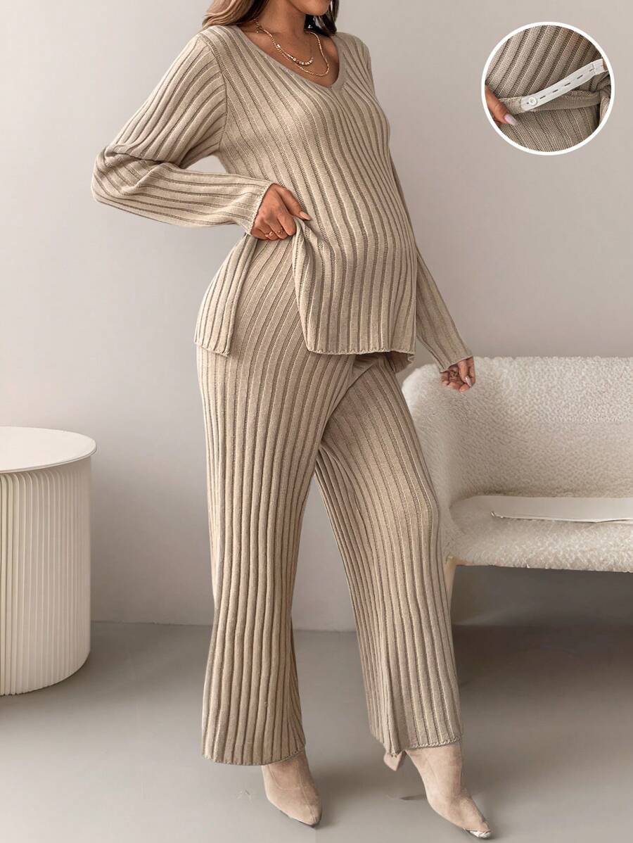 SHEIN 2pcs/Set V-Neck Ribbed Hem Slit Maternity Sweater + Sweater Pants - Khaki - View 1