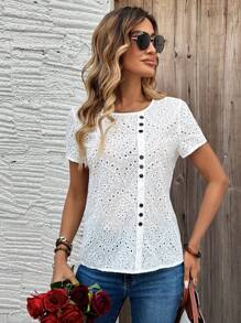 EMERY ROSE Women's Leisure Solid Color Hollow Out Embroidered Shirt - White - View 7