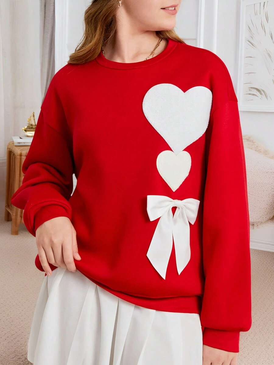 SHEIN Leap Crew Teen Girl Red Heart/Bow Decor Design Pullover Sweatshirt, Cute For Date Night - Red - View 1