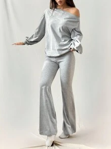 SHEIN EZwear Damen Lässig Set aus einfarbigem Top mit asymmetrischem Kragen und Langarm sowie Schlaghose, 2-teilig, Herbst