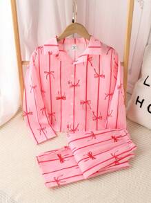 2 Pieces Set Tween Girl Pink Bow Ribbon Print Collared Cardigan Sweatshirt & Casual Pants, Comfortable Loungewear - Pink - View 1