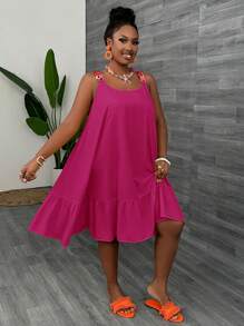 Slaydiva Casual V-Neck Solid Color Chain Strap A-Line Summer Dress - Violet Purple - View 4