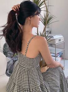 DAZY 女式吊带腰格子 A 字中长连衣裙，休闲女式连衣裙