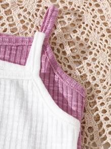 SHEIN 2 件套女婴休闲可爱连体衣，白色 + 深紫色，适合居家、休闲、运动，多件装 - 彩色 - 查看 5