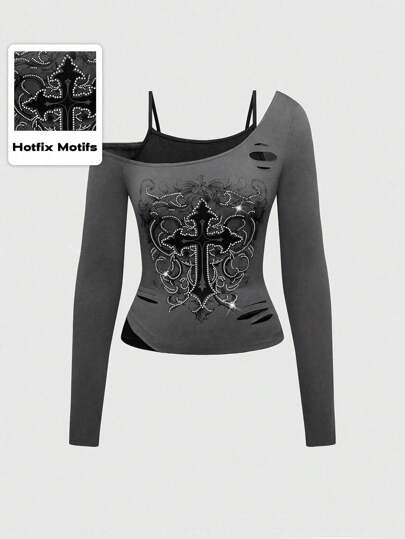 Grunge Punk Punk Cross Print Striped Rhinestone Decor 2 In 1 Long Sleeve Tight Fit Women T-Shirt