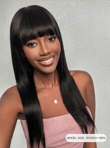 Straight Woven Human Hair Wig With Bangs - Natural Black - View 2