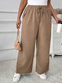 SHEIN LUNE 女式大码休闲编织斜纹侧袋抽绳腰部宽松裤，秋季