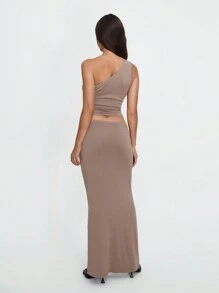 TRNVIE Conjunto de 2 piezas de Top sin mangas con hombro asimétrico con volantes de unicolor y Falda midi con cordón frontal central y cola de pez, conjunto elegante - Caqui - Ver 2