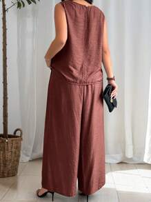 EMERY ROSE 大码女式纯色圆领吊带背心和阔腿裤两件套休闲套装