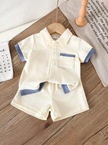 SHEIN Vintaside Kids 2pcs/Set Toddler Boys' Knitted Casual Minimalist Polo Collar Cardigan & Short Sleeve T-Shirt & Shorts Set, Suitable For Daily Wear, Outdoor Sports, Leisure Travel, Vacation,Kid Clothes,Toddler Clothes, Baby Outfit, Infant Baby Boys Outfits, 6M-3T - Multicolor - View 2