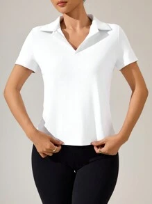 SHEIN Sport Studio 1 pieza Camisa polo deportiva de cuello en V blanco sólido para mujer para tenis y golf