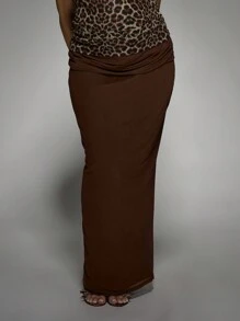 MISSGUIDED PLUS Folded Waistband Ruched Maxi Skirt High Rise Comfort Stretch Long Evening Party Office Casual Spring Brown Skirt Versatile Classic Timeless Plus Size - Brown - View 3